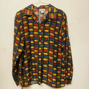 Vintage 80s STUNT 100% Silk Multicolor Geometric Long Sleeve Button Down Blouse